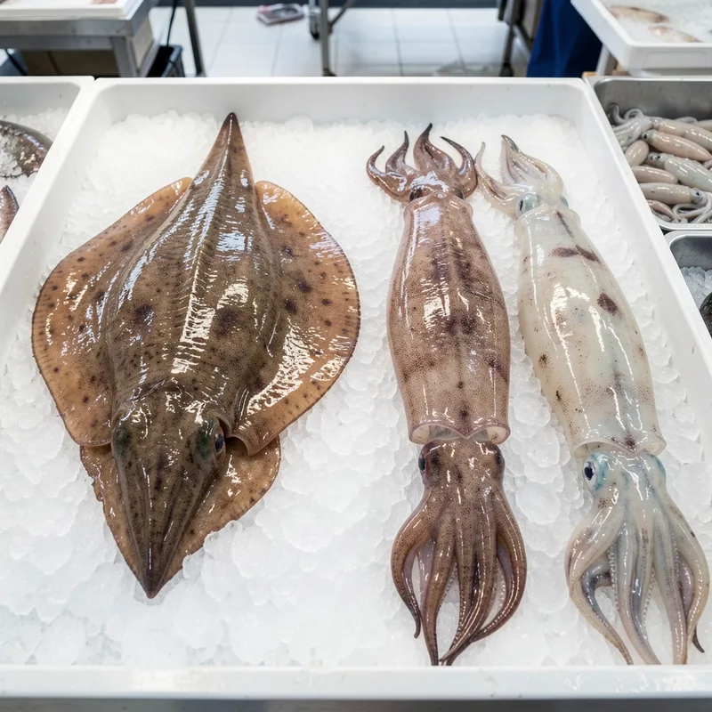 Seiche entière posée sur un lit de glace pilée à côté de calamars sur un étal de poissonnier