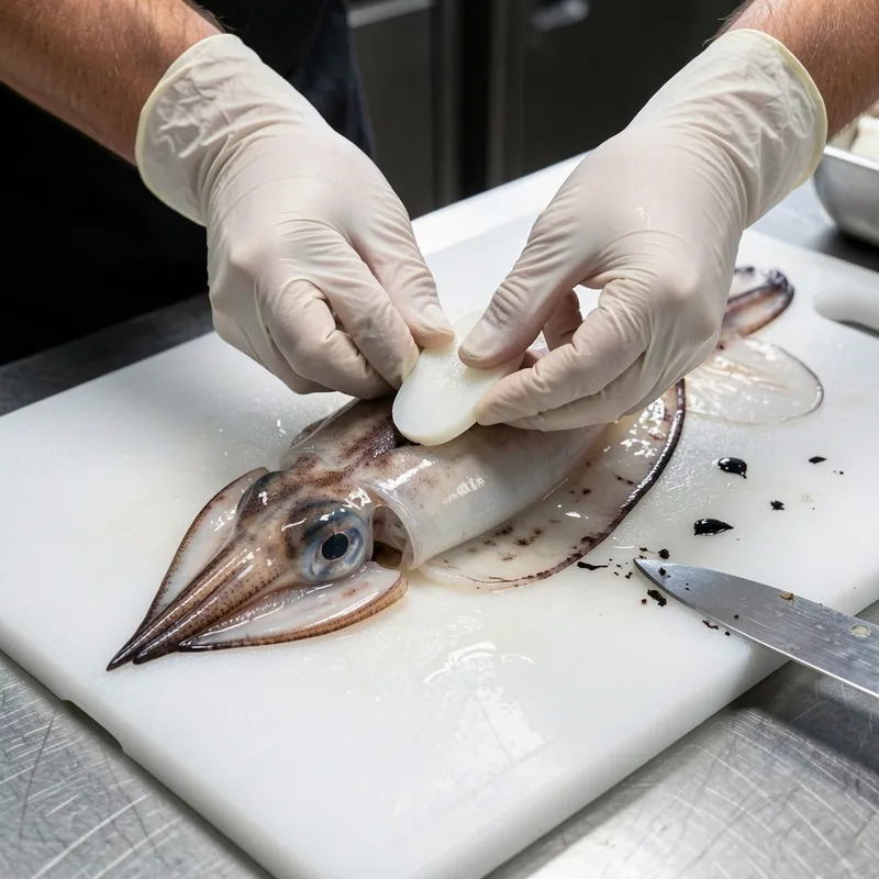Mains de poissonnier détachant l’os calcaire du dos d’une seiche sur un plan de travail humide