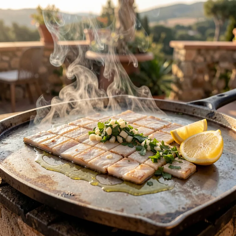 Lanières de seiche saisies sur une plancha brûlante avec persillade et quartiers de citron