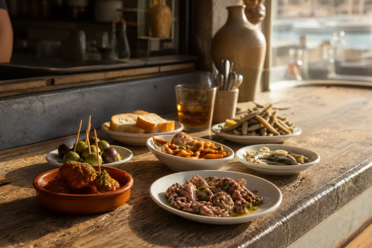 Comptoir de bar à tapas sétois avec plusieurs petites assiettes