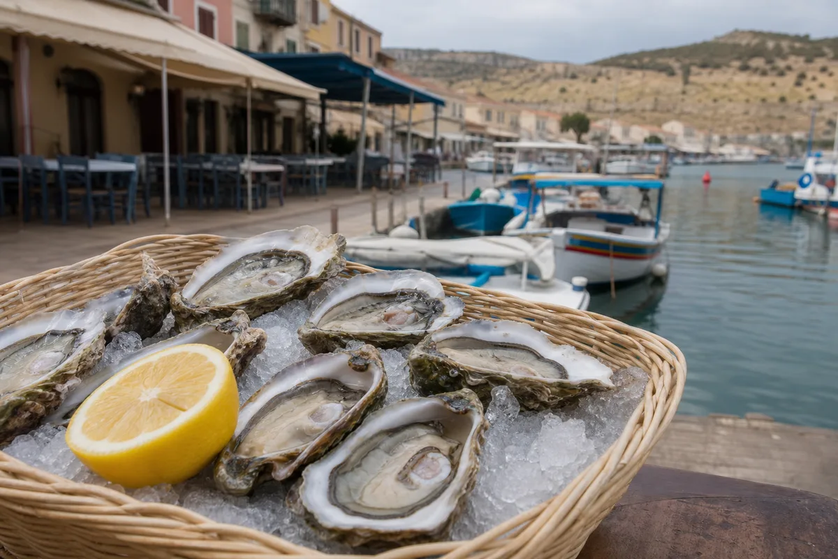 Bourriche d&rsquo;huîtres ouvertes servies sur glace avec un citron