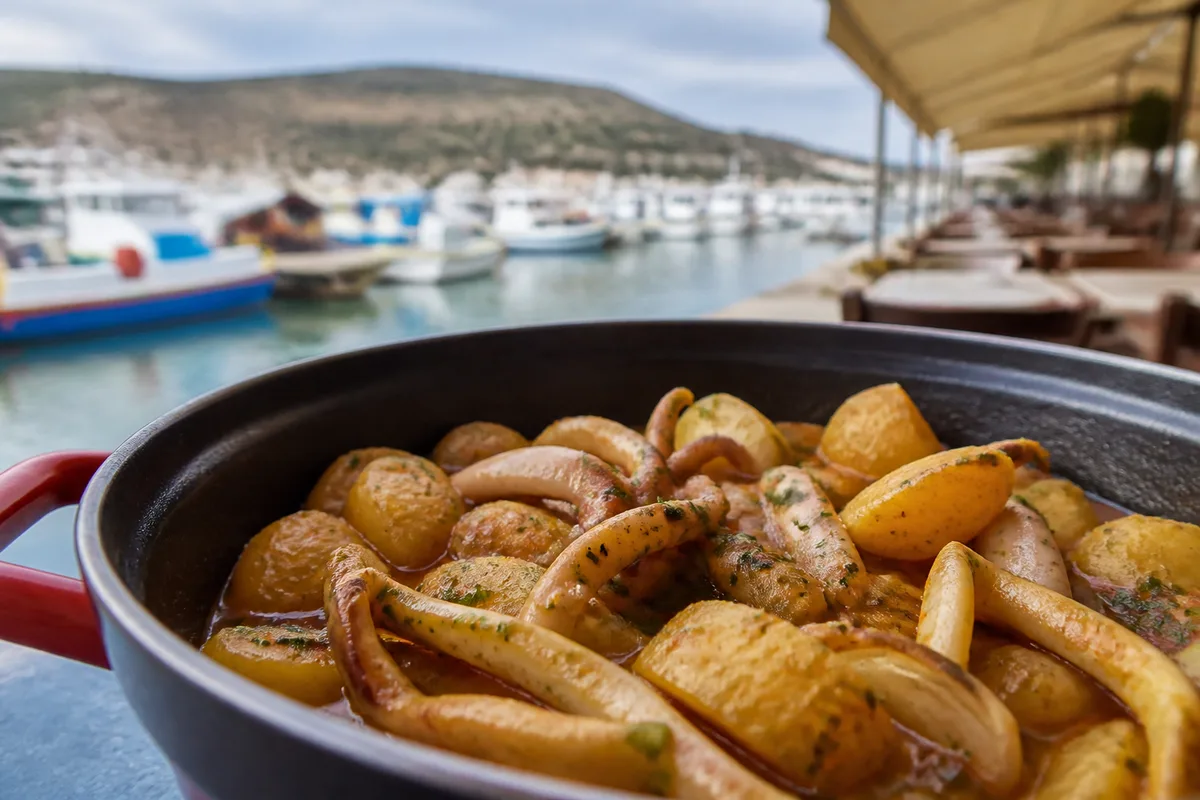 Seiche en lanières et pommes de terre mijotées dans une cocotte