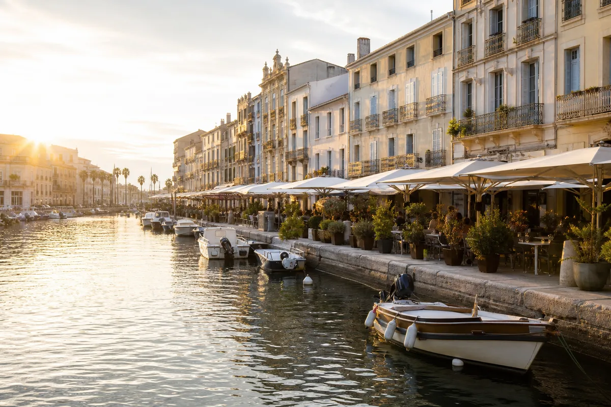 Vue des quais de Sète bordés de terrasses au bord du canal