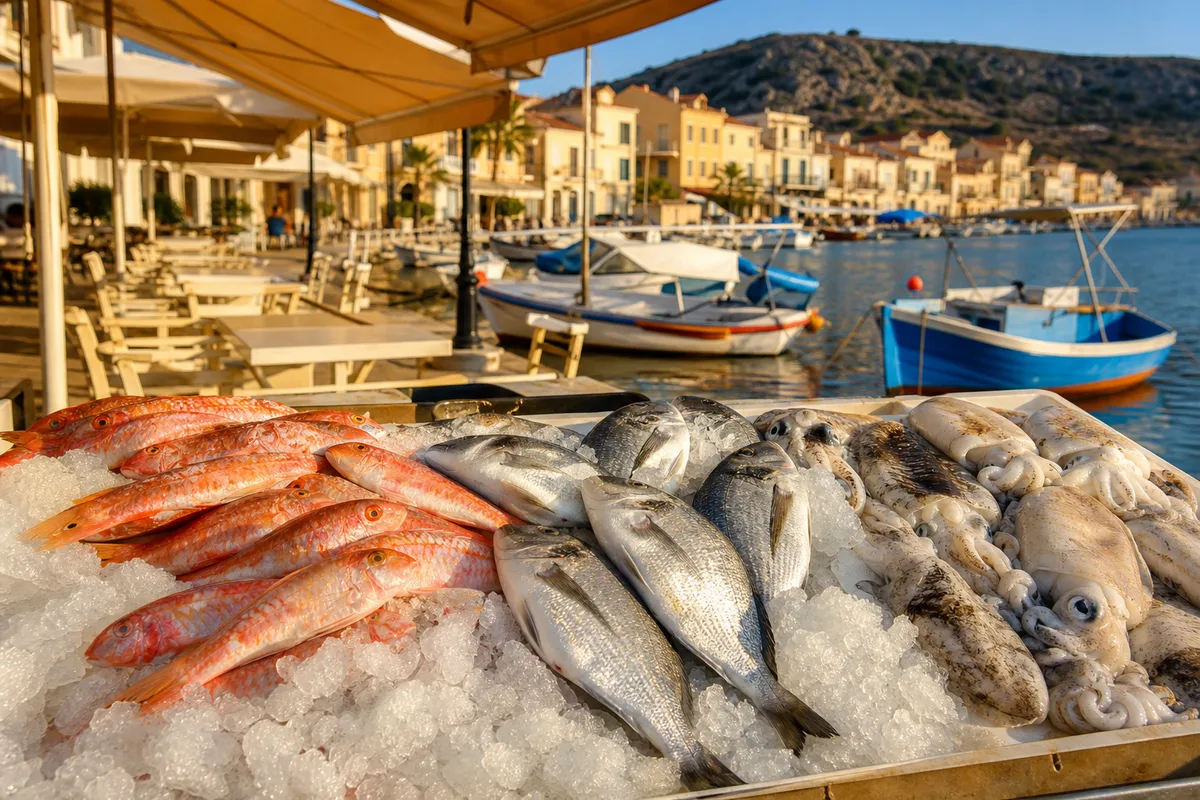 Étal de poissonnier avec rougets, dorades et seiches sur glace