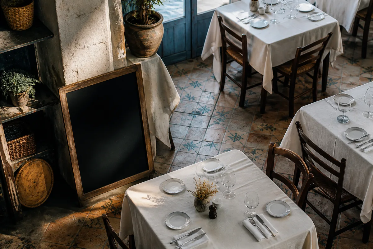 Salle de restaurant sétoise avec nappes simples et carte à l’ardoise